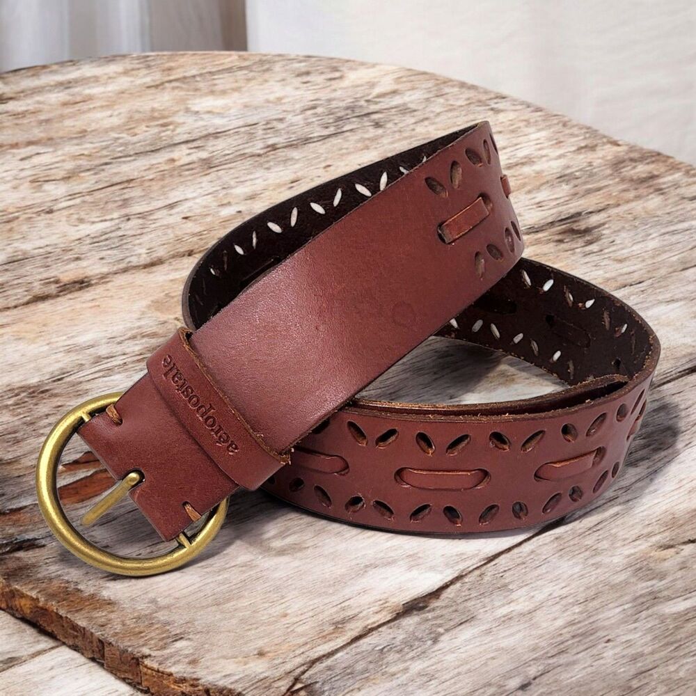 Aeropostale Brown Leather Perforated Western Belt Size Large Brass Buckle